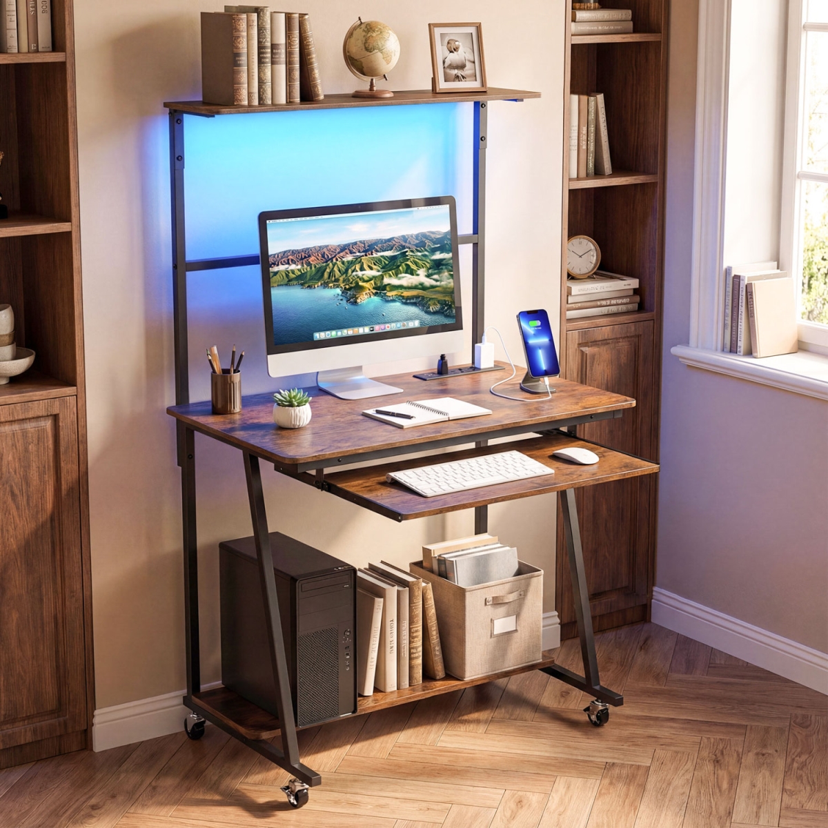 CB11082US-CF Small Computer Desk with Charging Station & LED Lights & Wheels - Rustic Brown