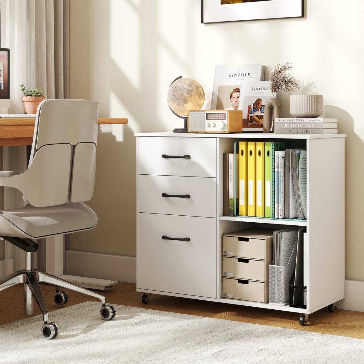 CB11107WH 3-Drawer Mobile File Cabinet with Open Storage Shelves & Wheels for Letter A4 Size - White