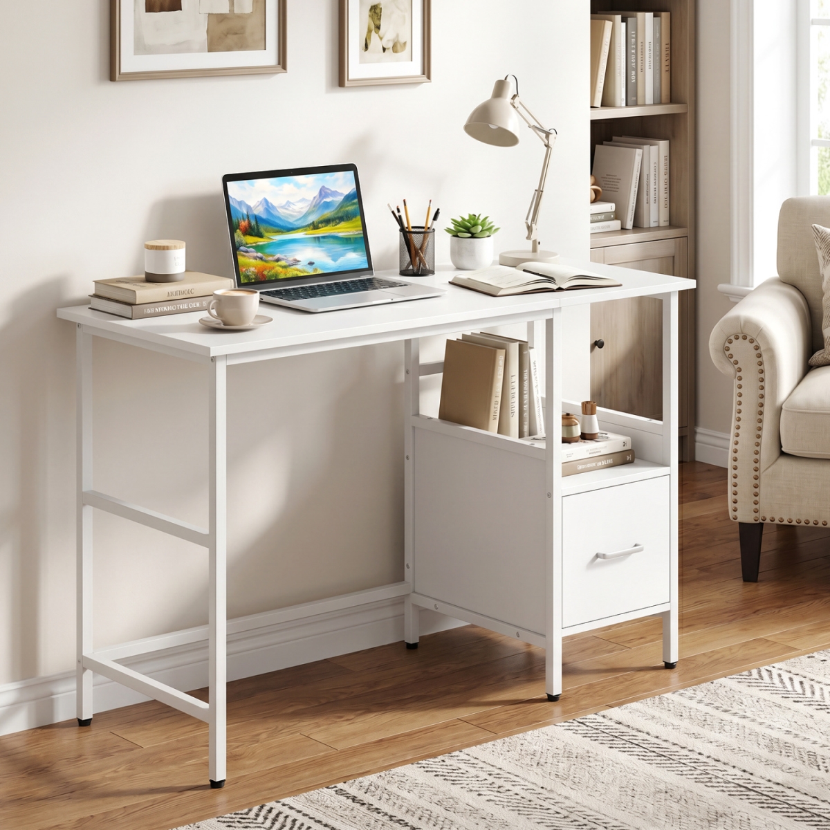 CB11141WH Computer Desk Modern Office Desk with Open Shelf & Storage Drawer - White