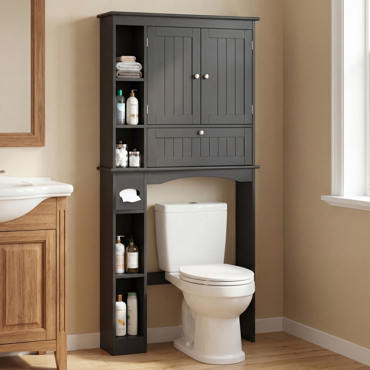 BA8363BK Over the Toilet Storage Cabinet with Adjustable Shelf & Bottom Bar - Black
