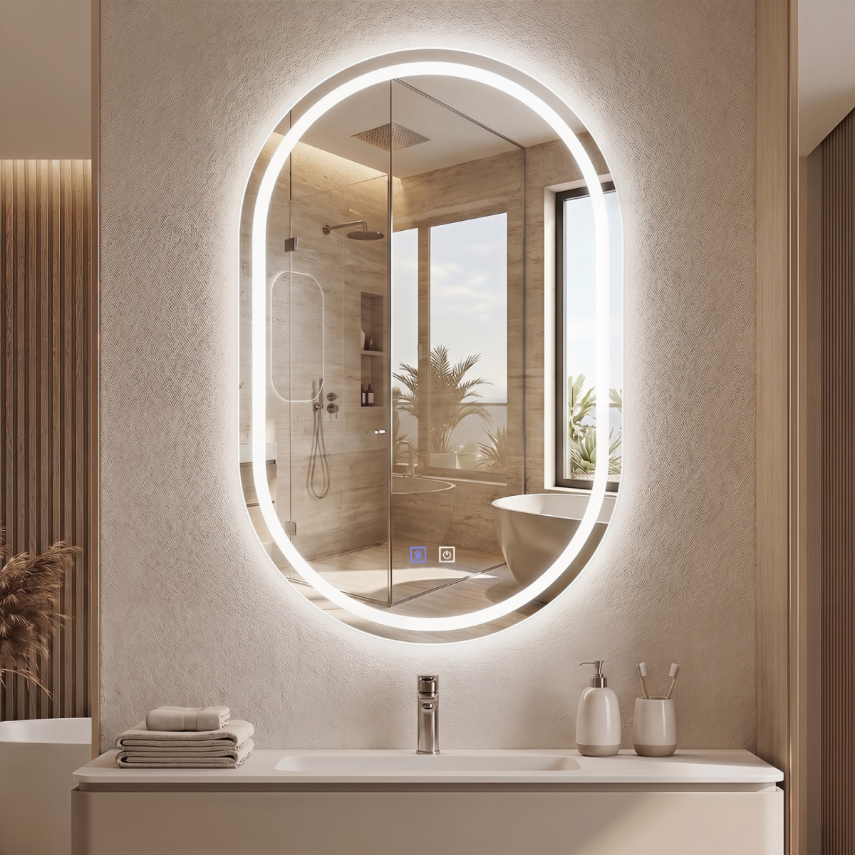 BA8407CA-SL 32 x 20 in. Oval LED Bathroom Mirror with Front & Backlight 3 Colors Stepless Dimming - Silver