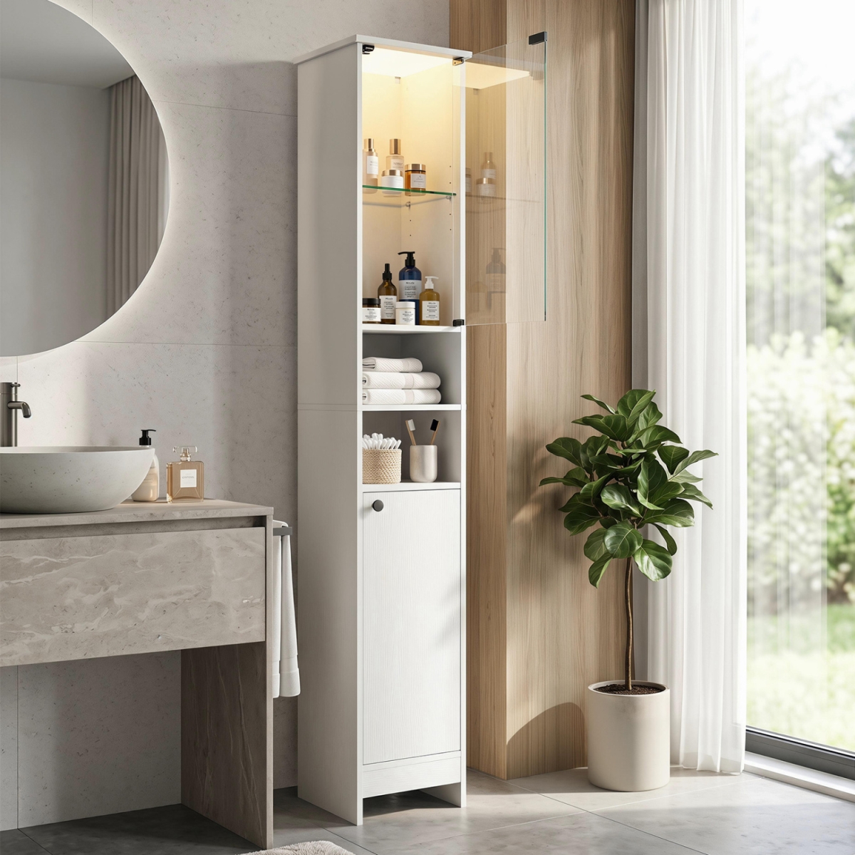 BA8459WH Tall Bathroom Storage Cabinet with LED Lights & Adjustable Shelves - White