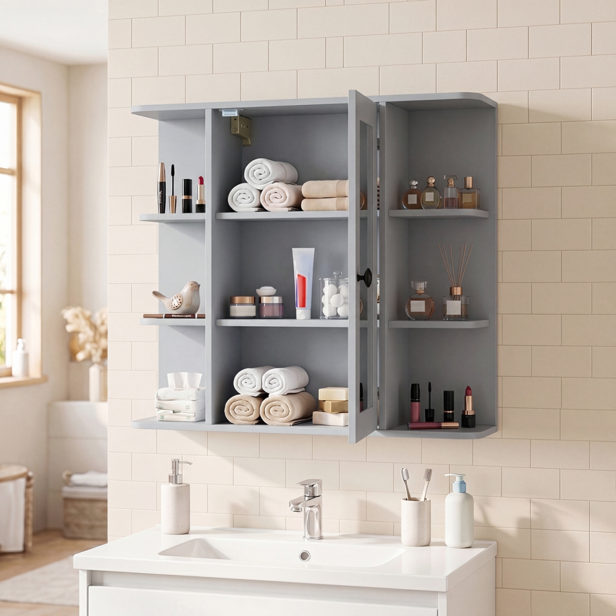 BA8485GR Wall Mounted Bathroom Medicine Cabinet with Mirror & Shelves - Gray