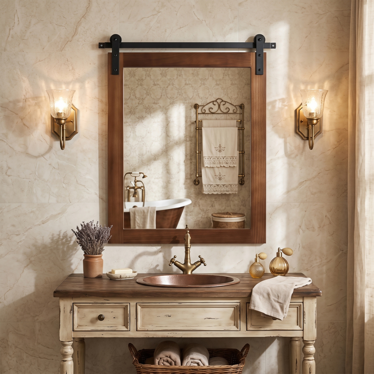 BA8532WL 29 x 23 in. Rectangle Farmhouse Wall Mirror with Metal Bracket for Bathroom - Rustic Brown