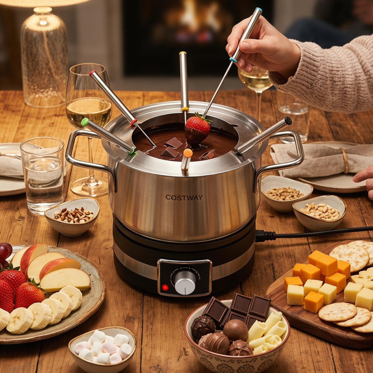 ES10646US 1200W Electric Fondue Pot Set with Removable Stainless Steel Pot & 6 Forks - Silver & Black