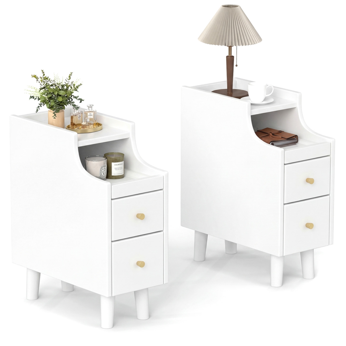 HU11058CB-2 Solid Wood Night Side Table with Pull-Out Tray & 2 Storage Drawers - White - Set of 2