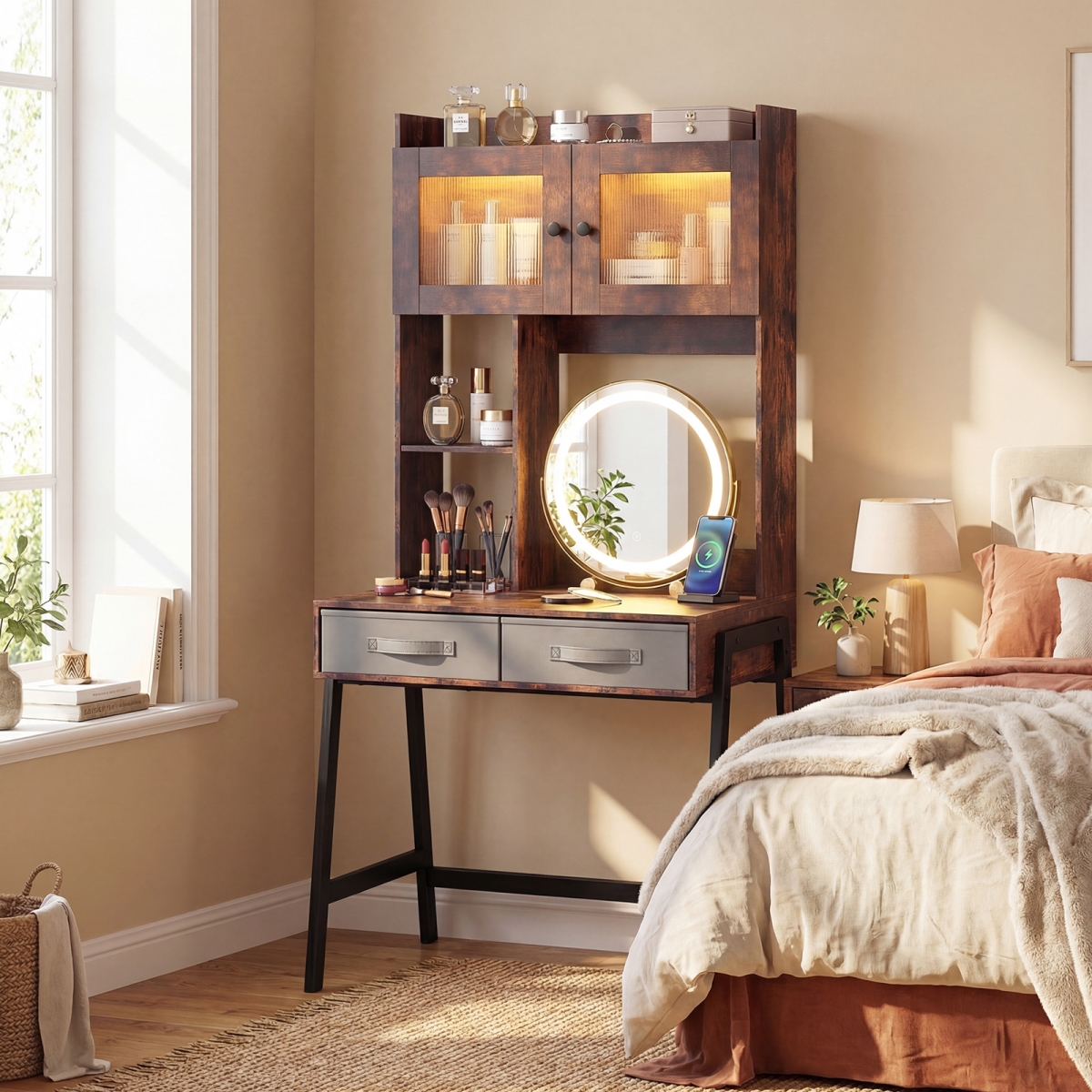 HU11269US-CF Vanity Desk with Rotatable Mirror & Lights Modern Dressing Table with 3 Light Colors - Brown