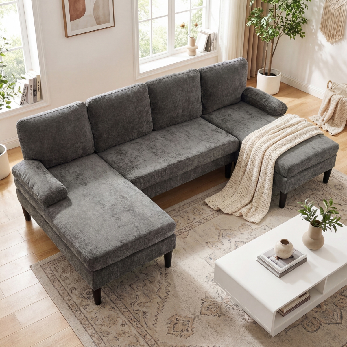 HU11363HS U-Shaped Sectional Couch with Double Chaise for Living Room - Gray