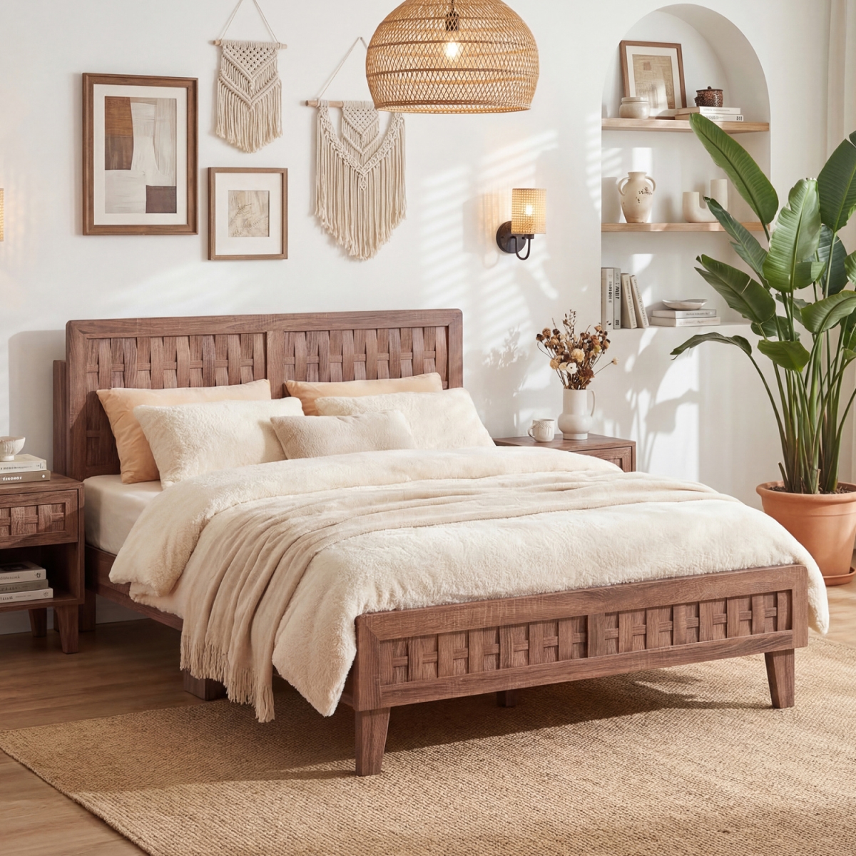 HU11365NA-F Full Size Mid Century Bed Frame with Woven Accent Headboard - Walnut