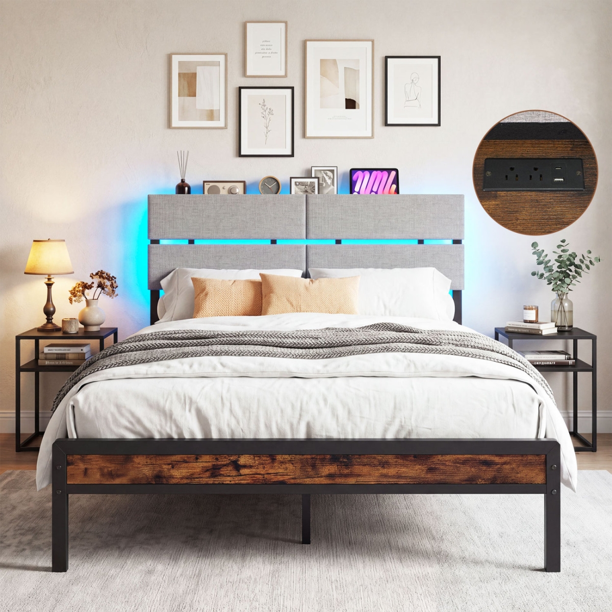 HU11406US-CF Metal Bed Frame with LED Lights & Charging Station for Bedroom - Rustic Brown - Full Size
