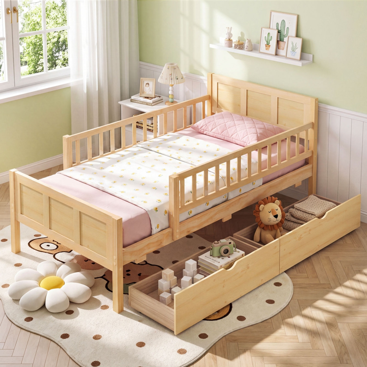 HU11522NA-T Bed Frame with Storage Drawers Natural - Twin Size