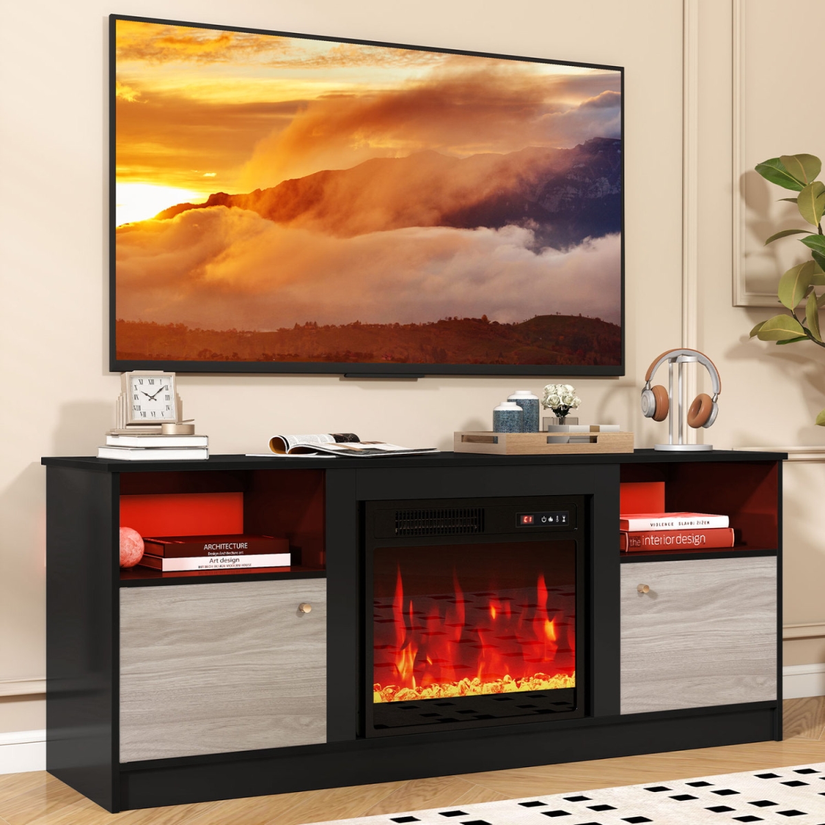 FP10801US-HV10859US-DK- Entertainment Center with Adjustable Shelf & Open Compartment for 65 in. TVs - Style 2