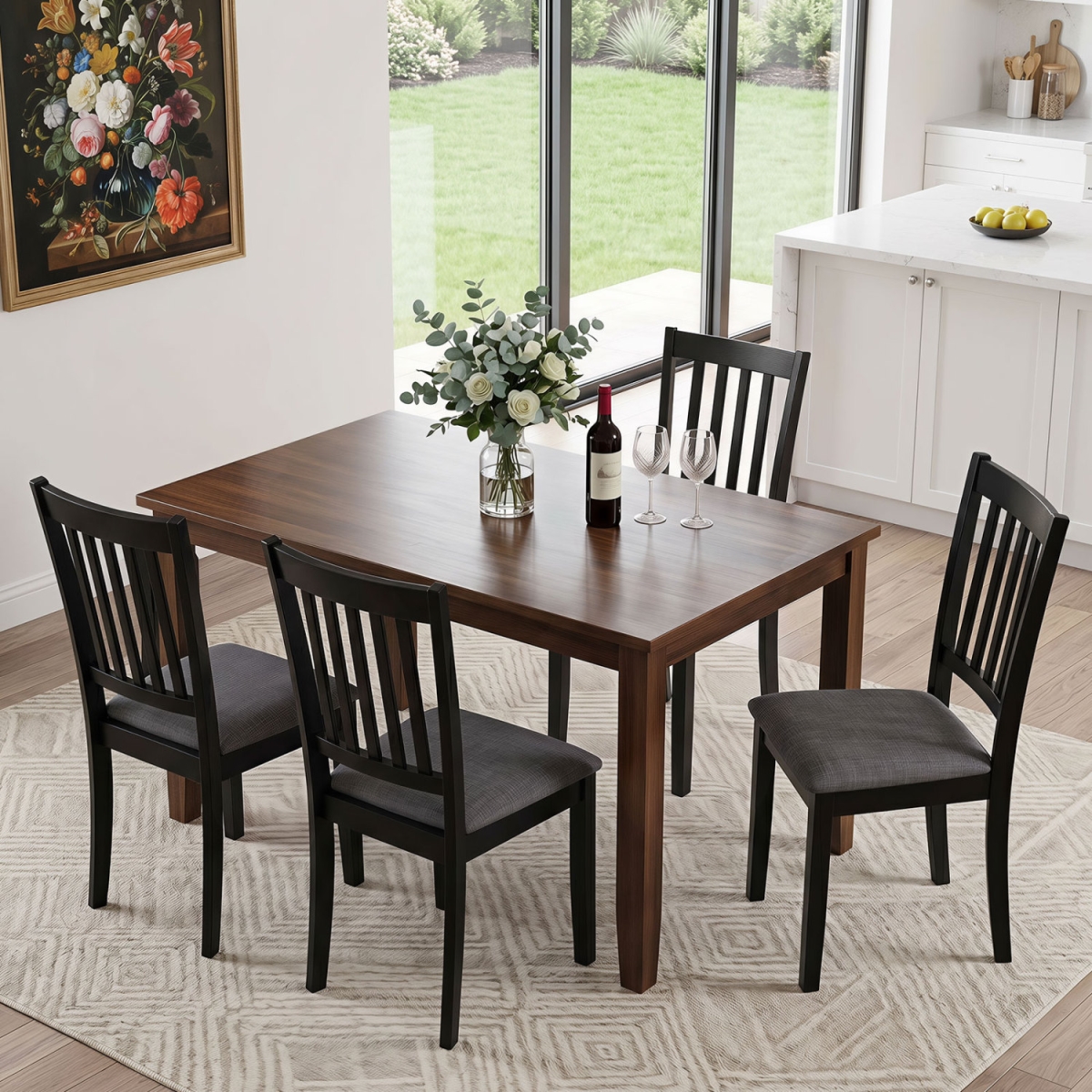 2-KC59668DK-2 Wooden Upholstered Dining Chairs with Rubber Wood Frame - Black - Set of 4