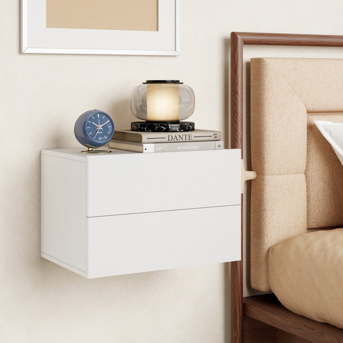 HU11322WH-1 Floating Nightstand with 2 Storage Drawers Wall Mounted for Bedroom - White
