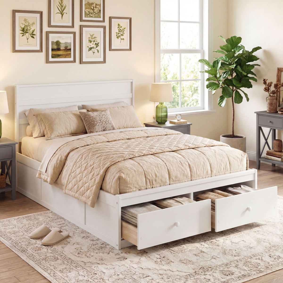 HU11367WH-F Wooden Platform Bed Frame with Storage Drawers - White - Full Size