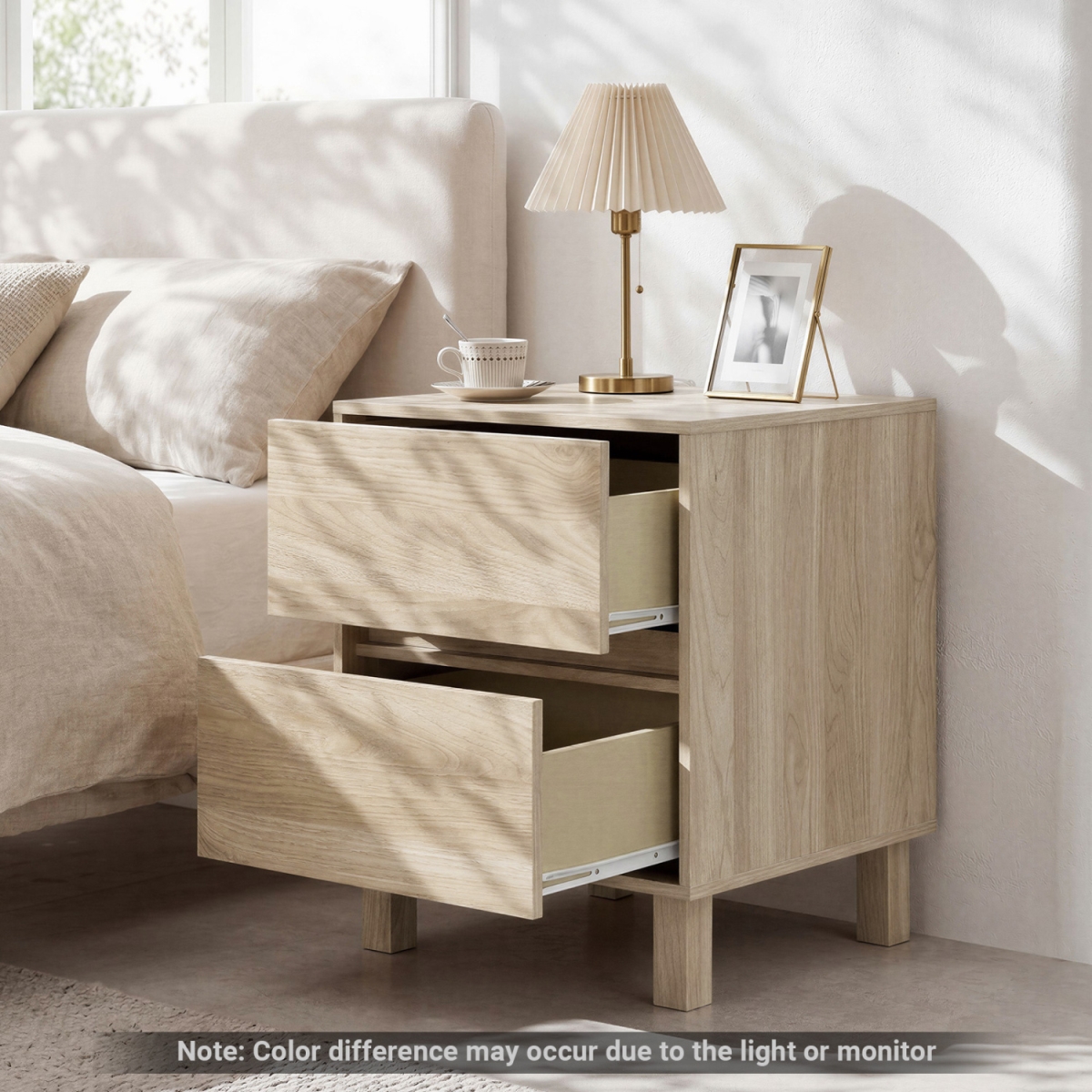 HU11393NA Modern Wooden End Table with 2 Storage Drawers - Natural