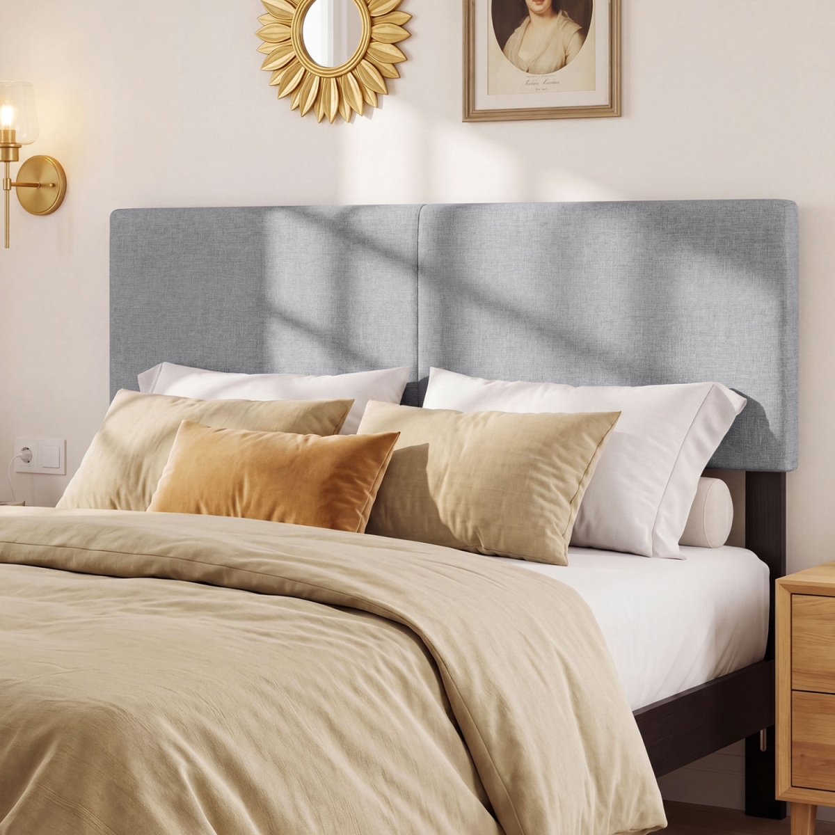 HU11400GR Upholstered Headboard for Queen & Full Size Beds Vertical Quilted Linen Fabric Bed Frame Mount Panel - Gray