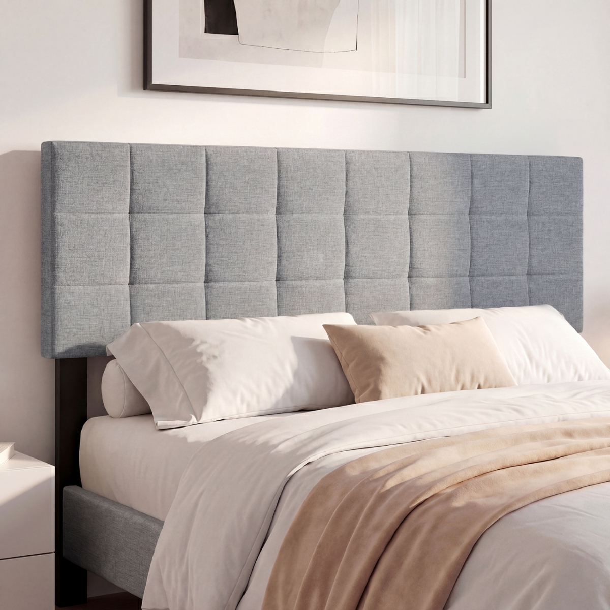 HU11401GR Upholstered Headboard for Queen & Full Size Beds Quilted Grid Linen Fabric Bed Frame Mount Panel - Gray