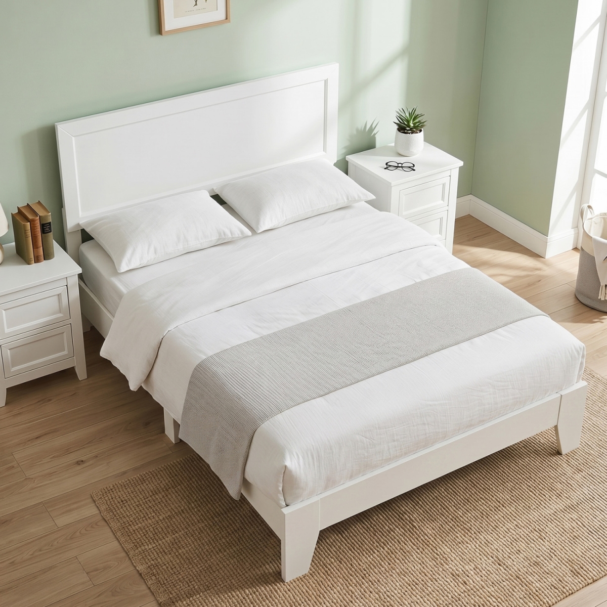 HU11404BS-F Modern Bed Frame with Headboard No Box Spring Needed - White - Full Size