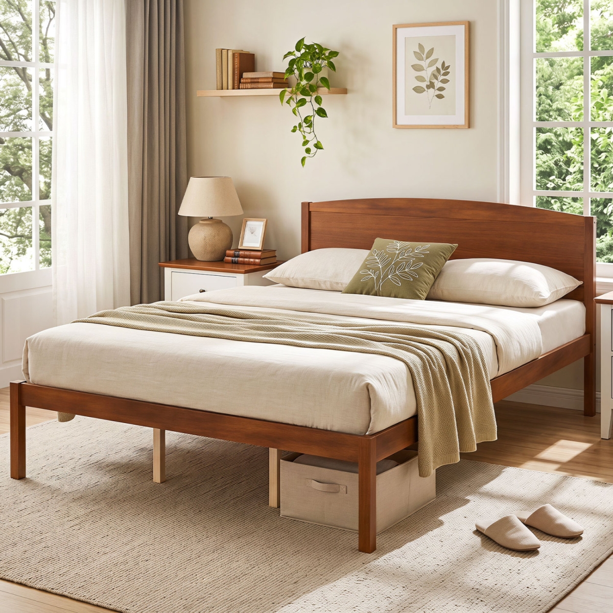 HU11498WN-Q Wooden Platform Bed Frame with Curved Headboard - Walnut - Queen Size