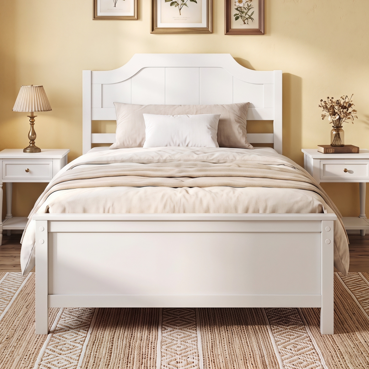 HU11499BS-T Solid Wood Platform Bed Frame with Headboard - White - Twin Size
