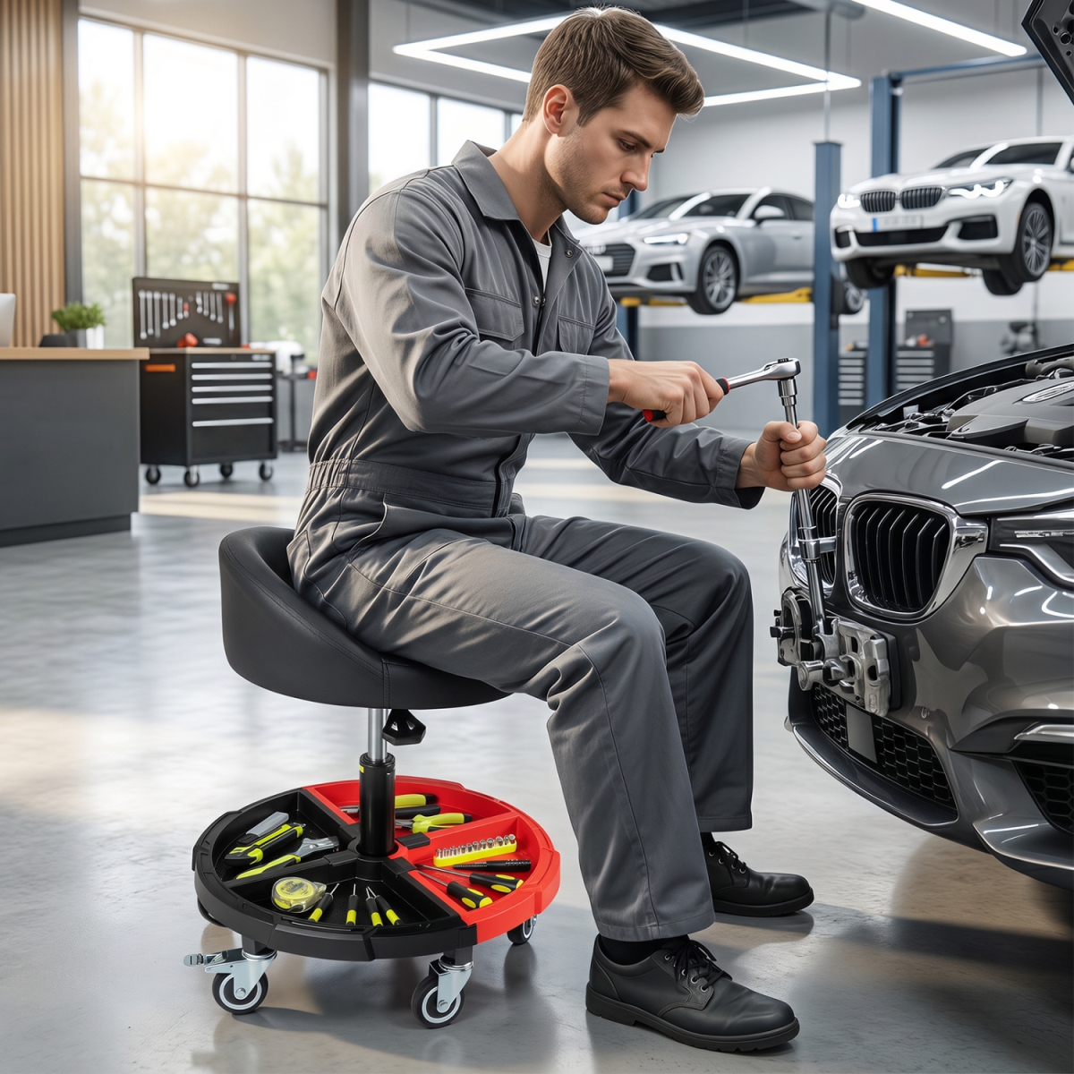 AU10091RE 360 Deg Rolling Mechanic Stool with 1 Tool Storage Tray - Red