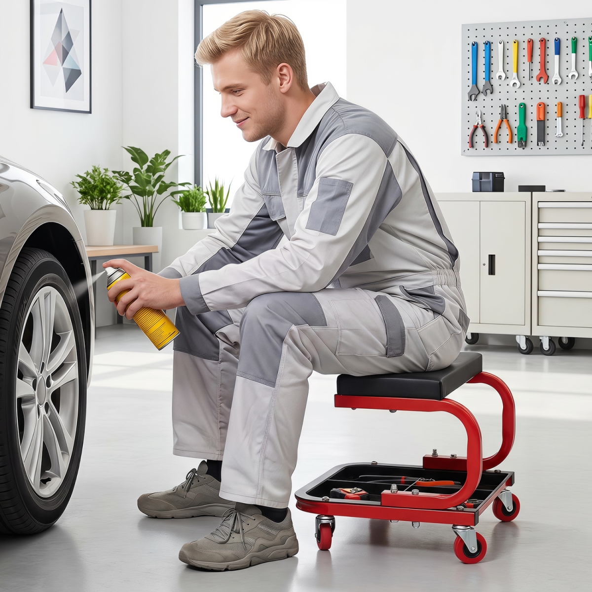 AU10092RE Mechanic Rolling Stool with Tool Trays & Magnetic Drawer for Garage - Red