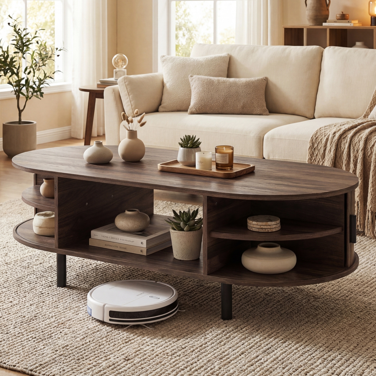 HV11012WL Oval Coffee Table 47.5 in. Wooden Center Table with Storage - Walnut