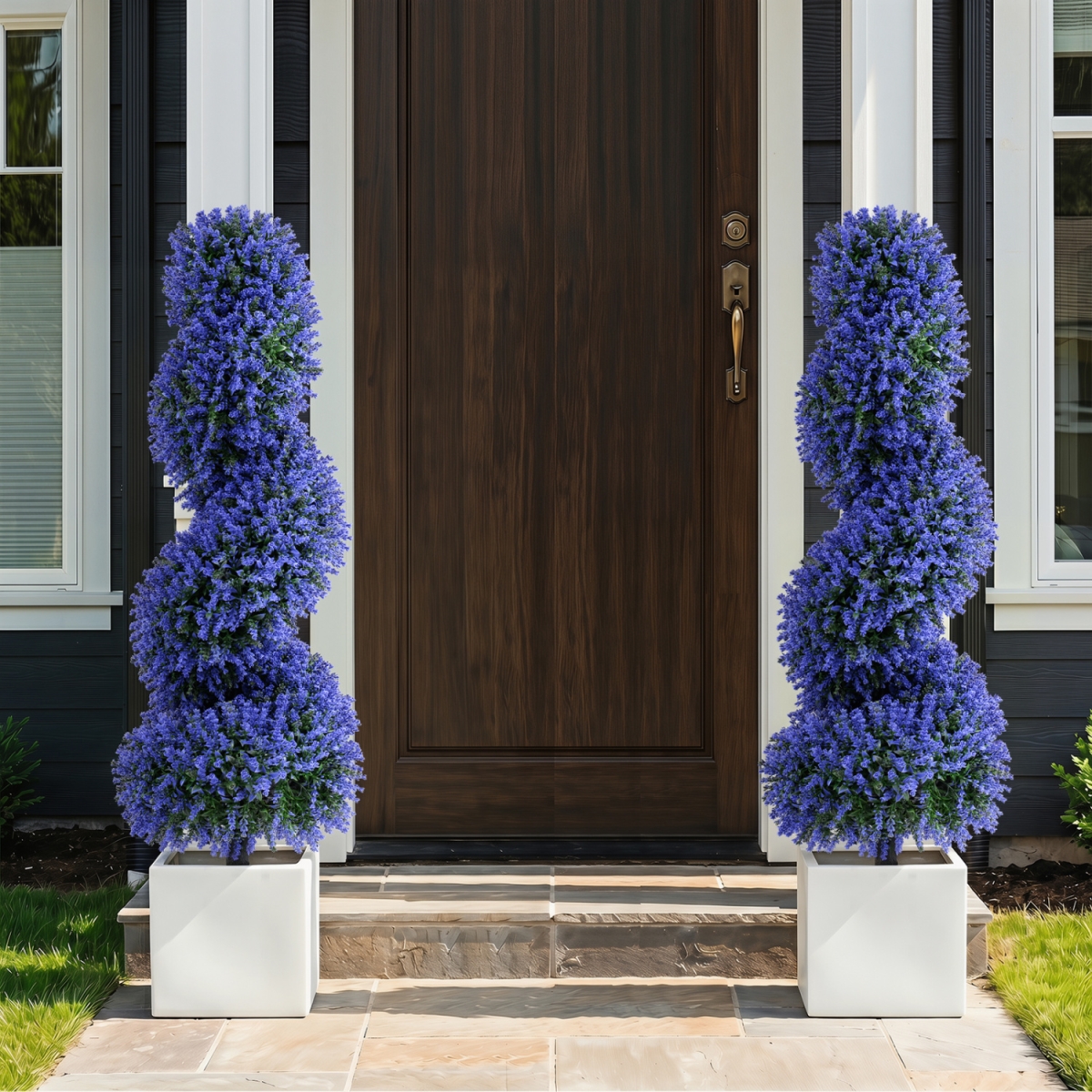 HZ10589PU-2 Artificial Spiral Topiary Trees with Sun Protection & Ground Spikes - Purple - Set of 2