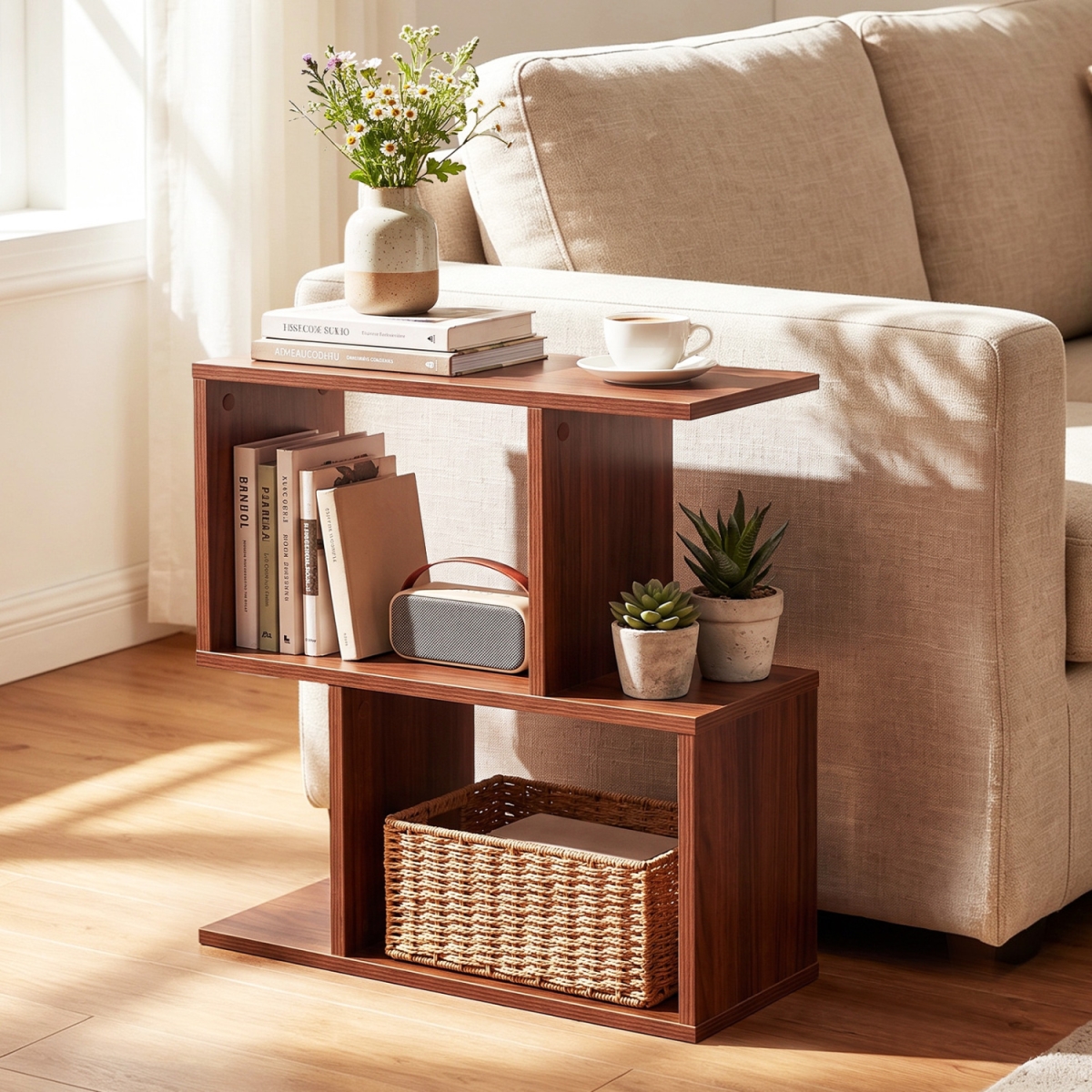 JV14242HT-2 3-Tier Geometric Bookshelf Freestanding Display Shelf Side Table - Walnut - Set of 2