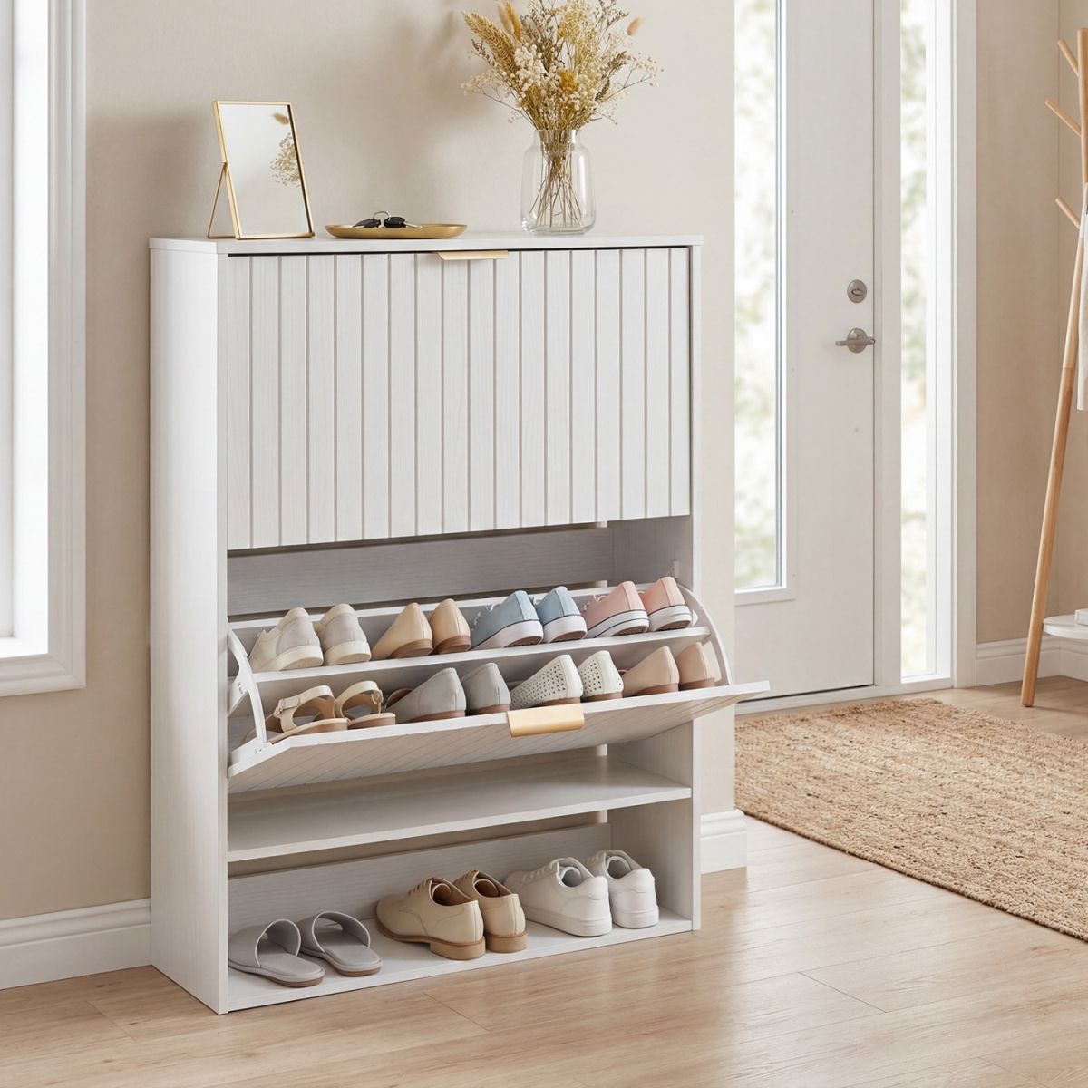 JV14406OK Fluted Hidden Shoe Cabinet with 2 Flip Drawers & Open Storage - White