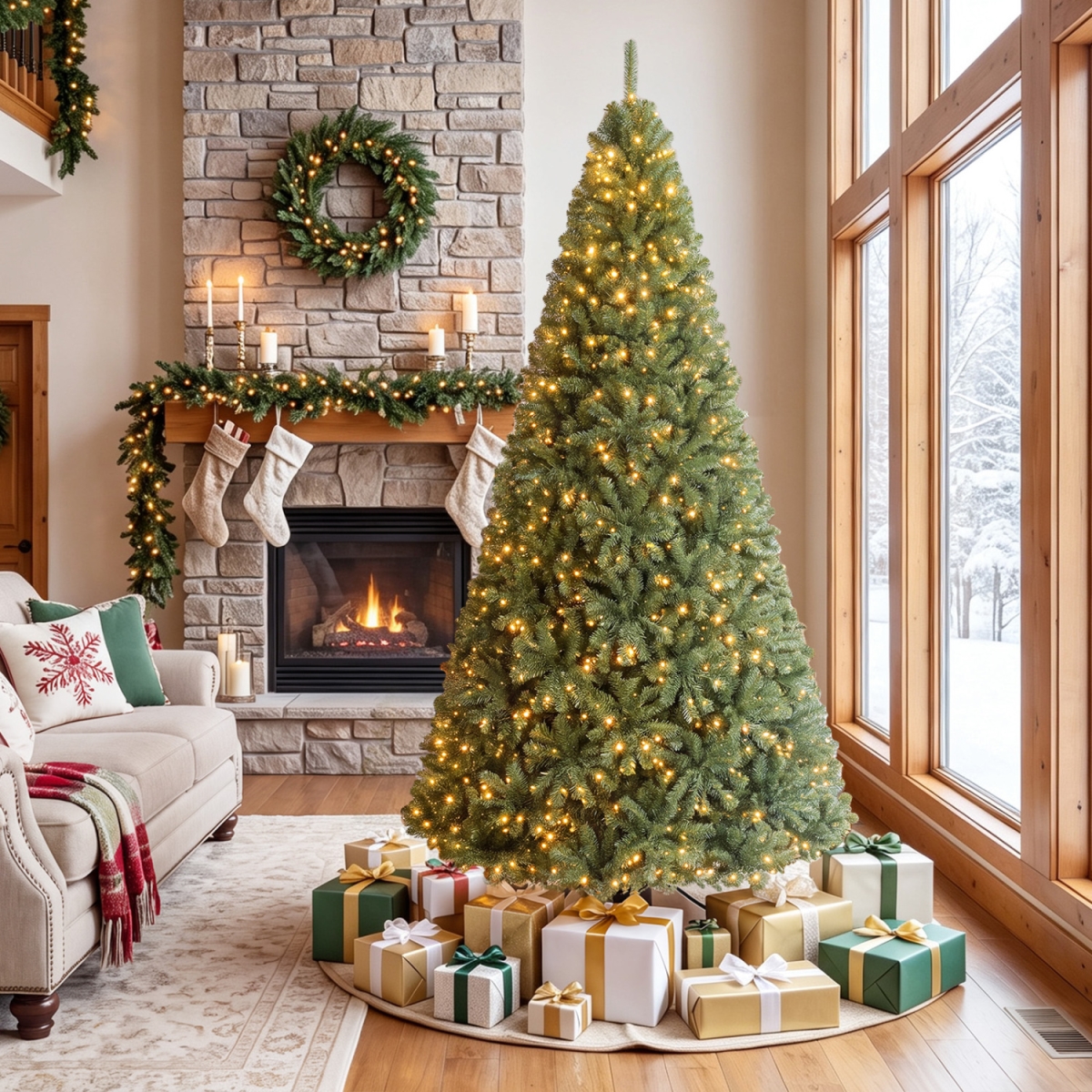 CM25559US-M 7 ft. Artificial Christmas Tree with 2 Lighting Colors & Folding Metal Stand