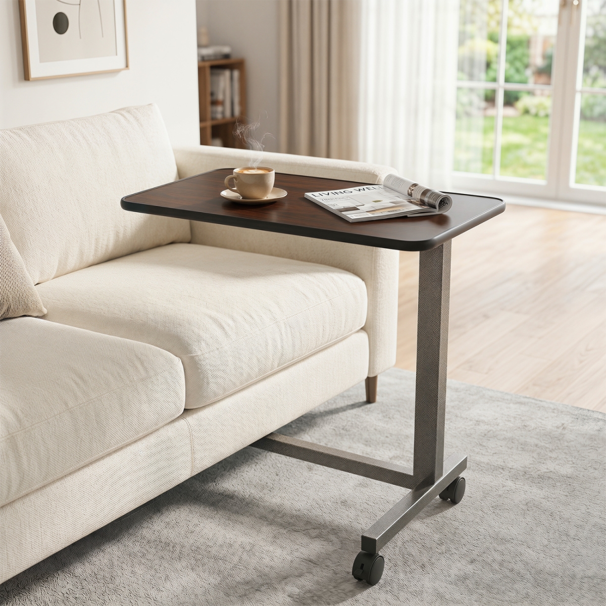 JV14556BN Overbed Table with Lockable Rolling Wheels & Sturdy H-Shaped Base for Hospital & Home Use - Walnut