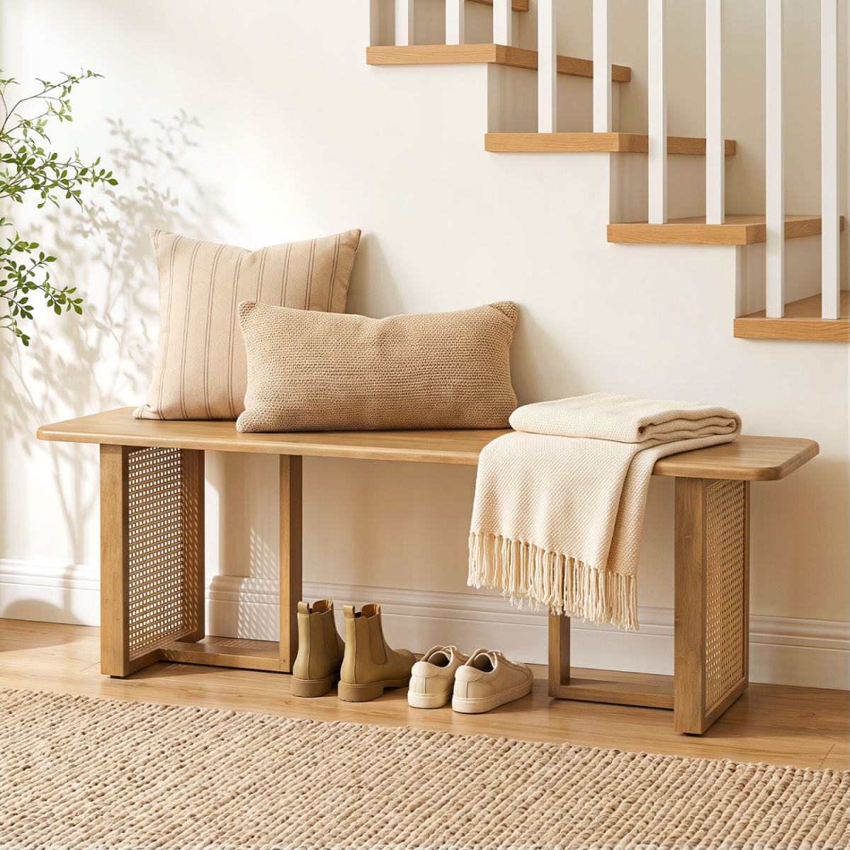 JV14713NA 55 in. Solid Rubber Wood Dining Bench with Rattan Legs - Natural