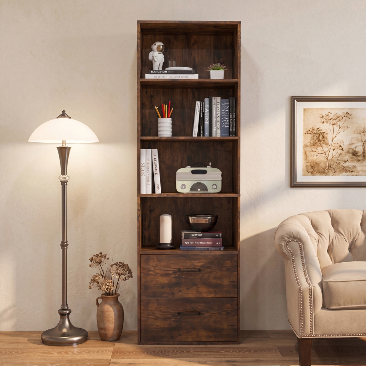 CB10790CF 6-Tier Tall Freestanding Bookshelf with 4 Open Shelves & 2 Drawers - Rustic Brown