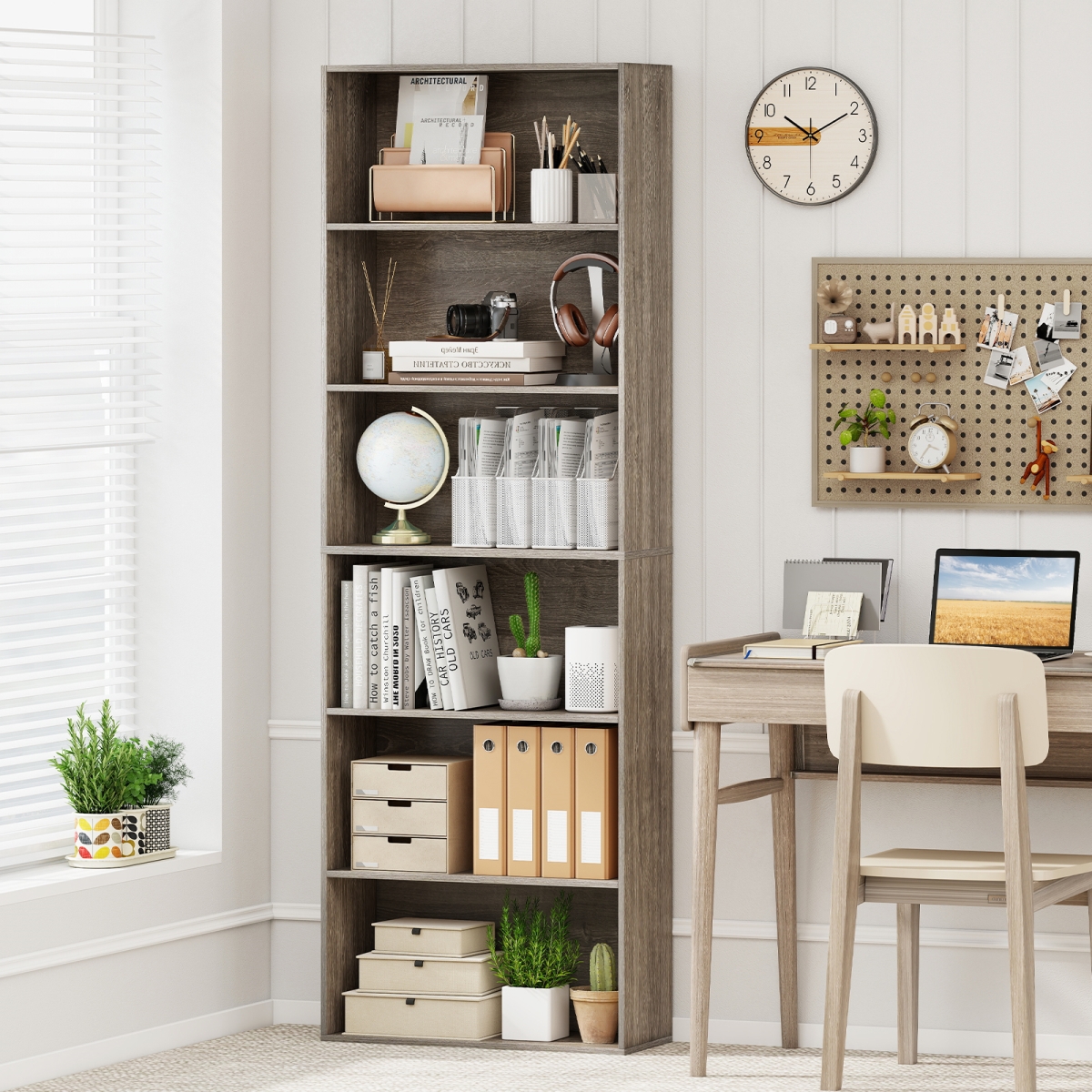 CB10806GR 6-Tier Bookcase with 6 Open Shelves & Anti-Toppling Kits - Gray