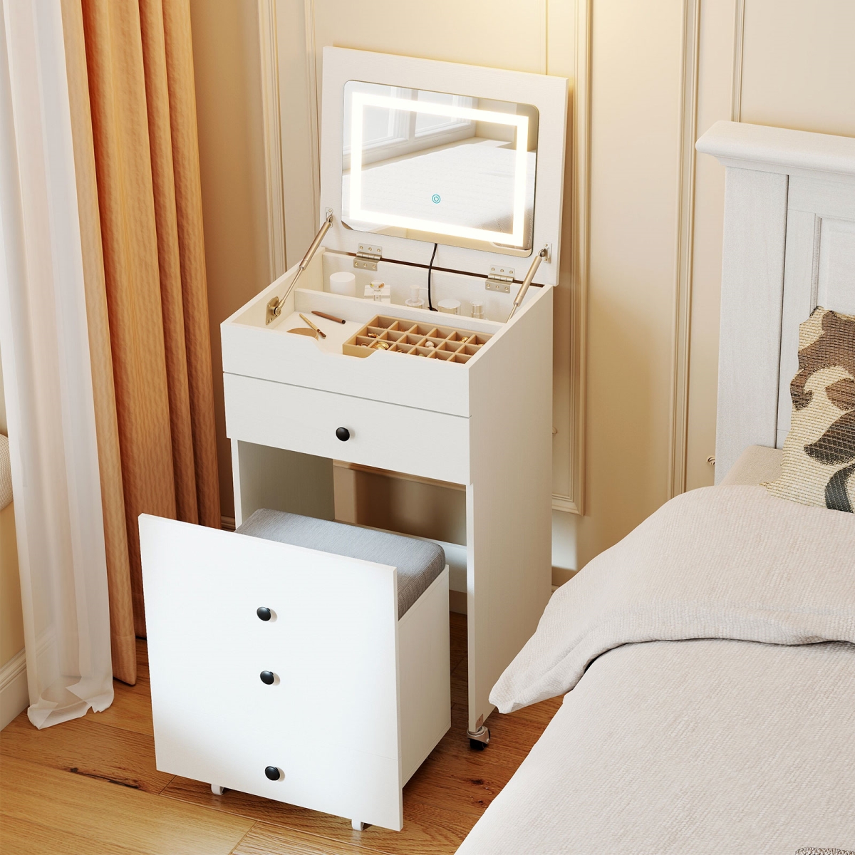 HU11117US-WH- 3-in-1 Small Vanity Desk Set with Flip-Top Mirror & Lights with Drawers & Stool - White