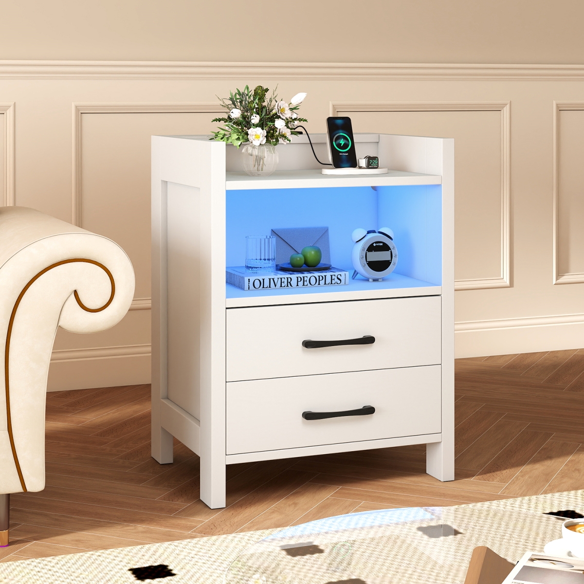 HU11121US-WH 23.5 in. Nightstand with Charging Station & Open Storage Shelf - White