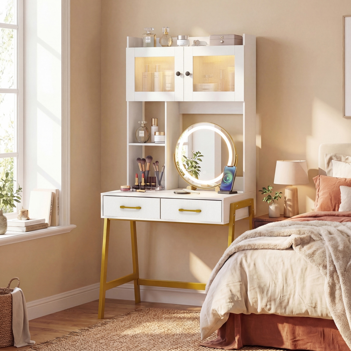 HU11269US-WH Vanity Desk with Rotatable Mirror & Lights Modern Dressing Table with 3 Light Colors - White