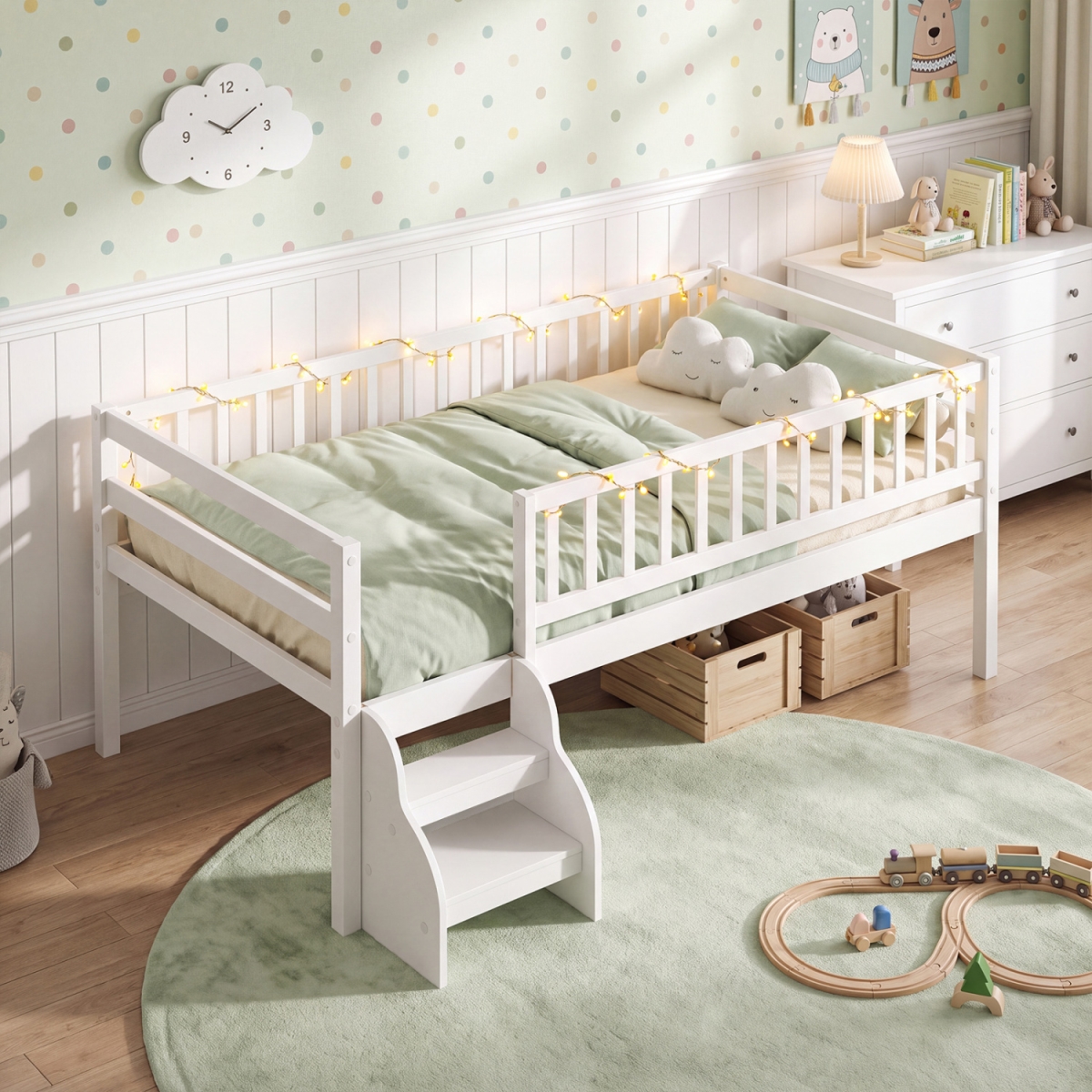 HU11521WH-T Montessori Bed with Stairs & Guardrails - White - Twin Size