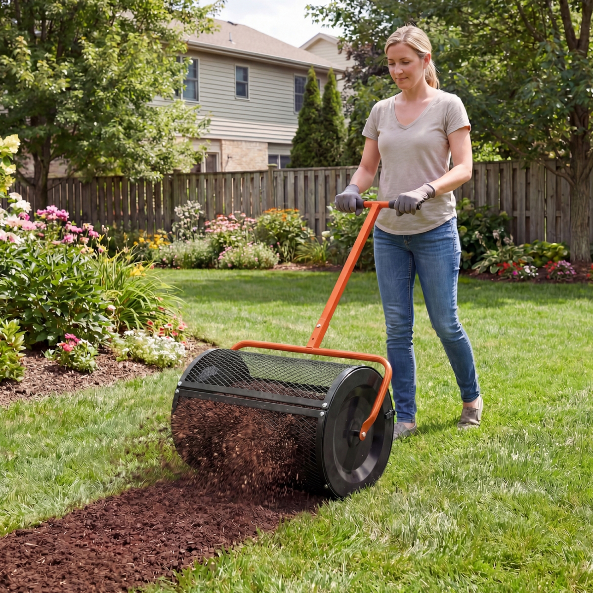 GT4658OR Compost Spreader 24 in. Peat Moss Spreader Roller with Height-Adjustable T-Shape Handle - Orange