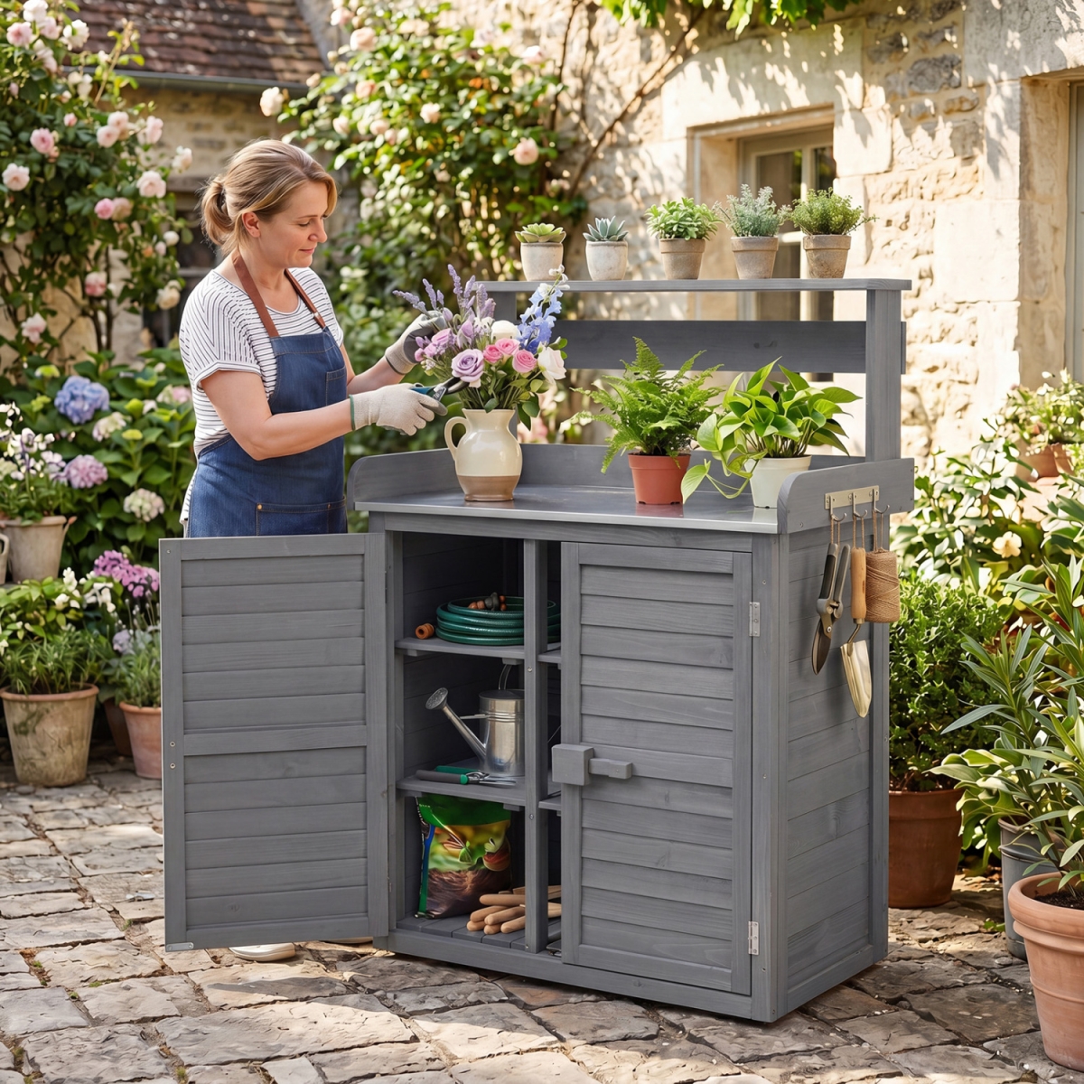 GT4720GR Wood Plant Workstation with Stainless Steel Tabletop & Removable Shelves - Gray