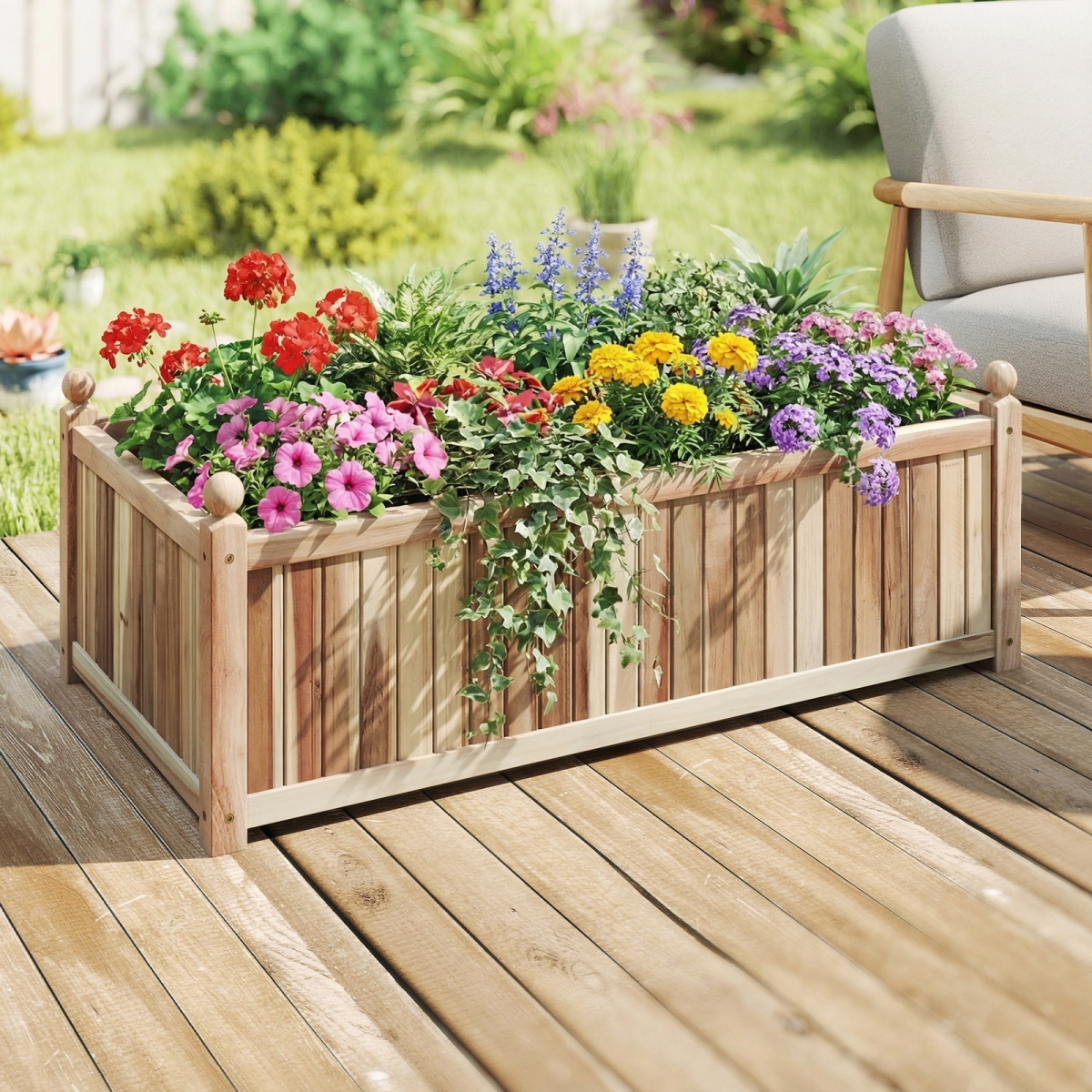 GT4600NA Wooden Raised Garden Bed Natural Acacia Wood Rectangular Planter Box with Liner - Natural