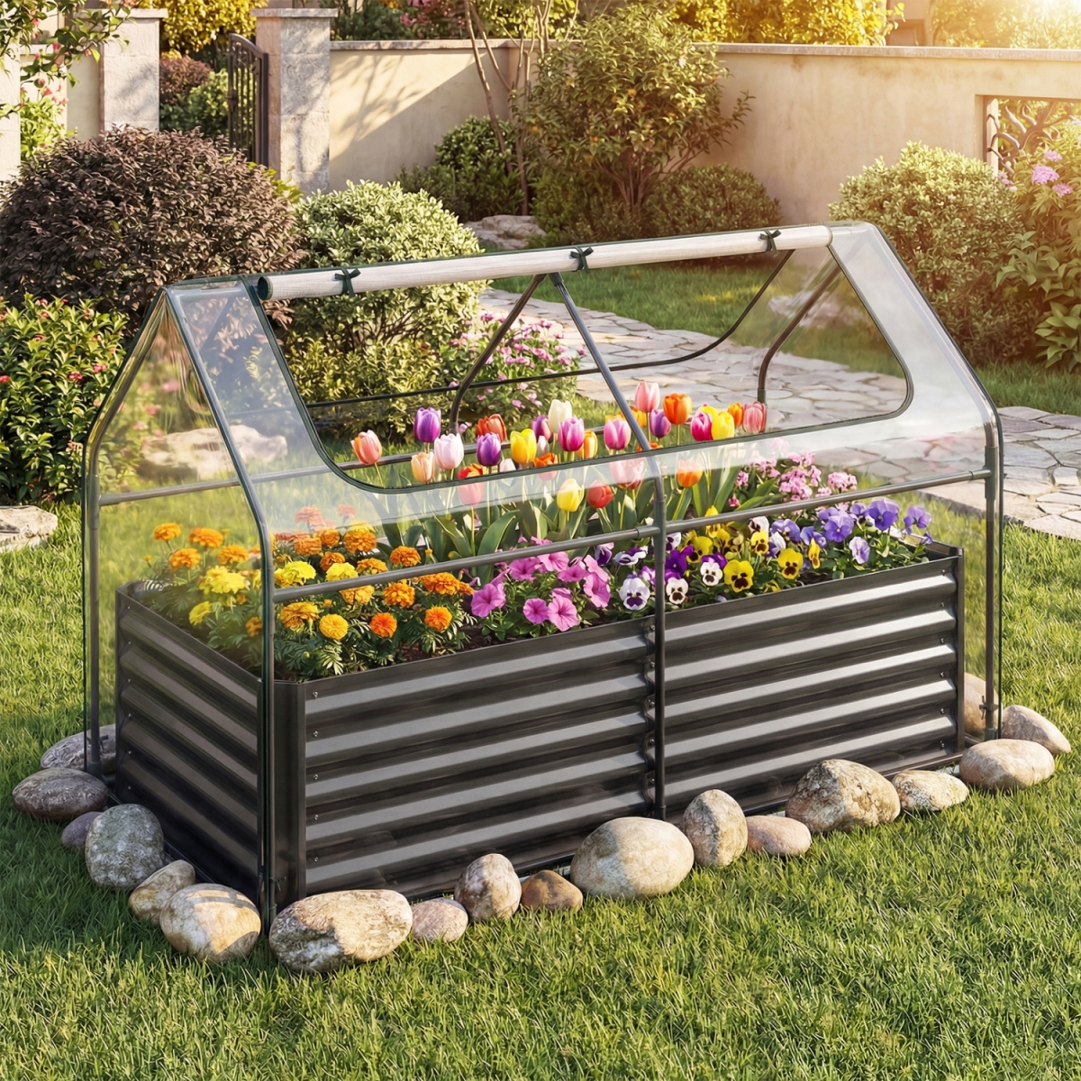 GT4673DK 68 x 33 x 21 in. Galvanized Raised Garden Bed with Cover - Black