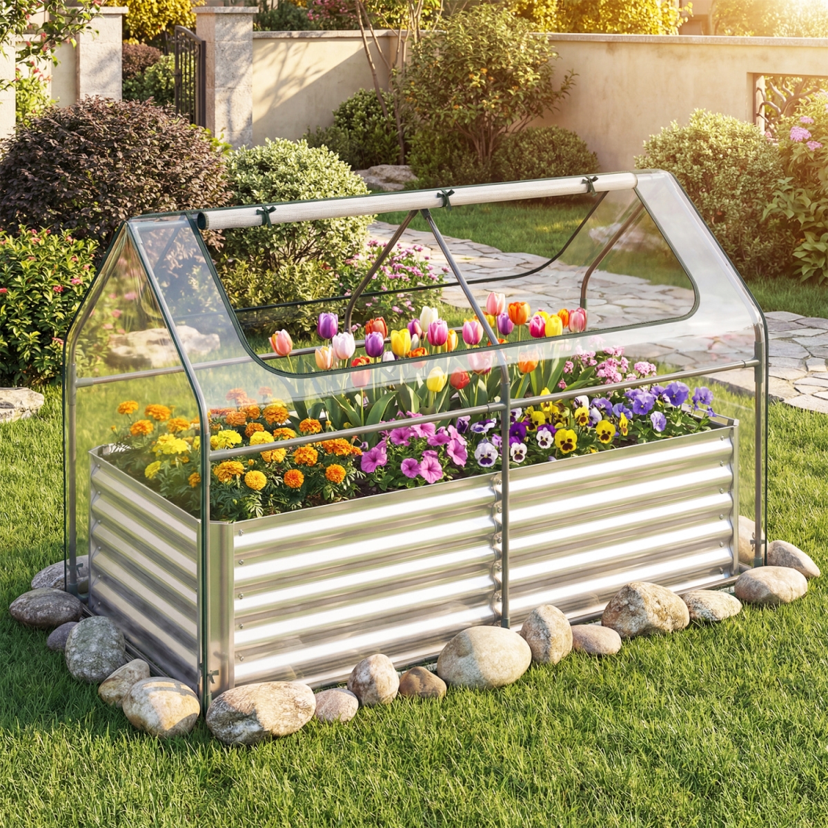 GT4673SL 68 x 33 x 21 in. Galvanized Raised Garden Bed with Cover - Silver