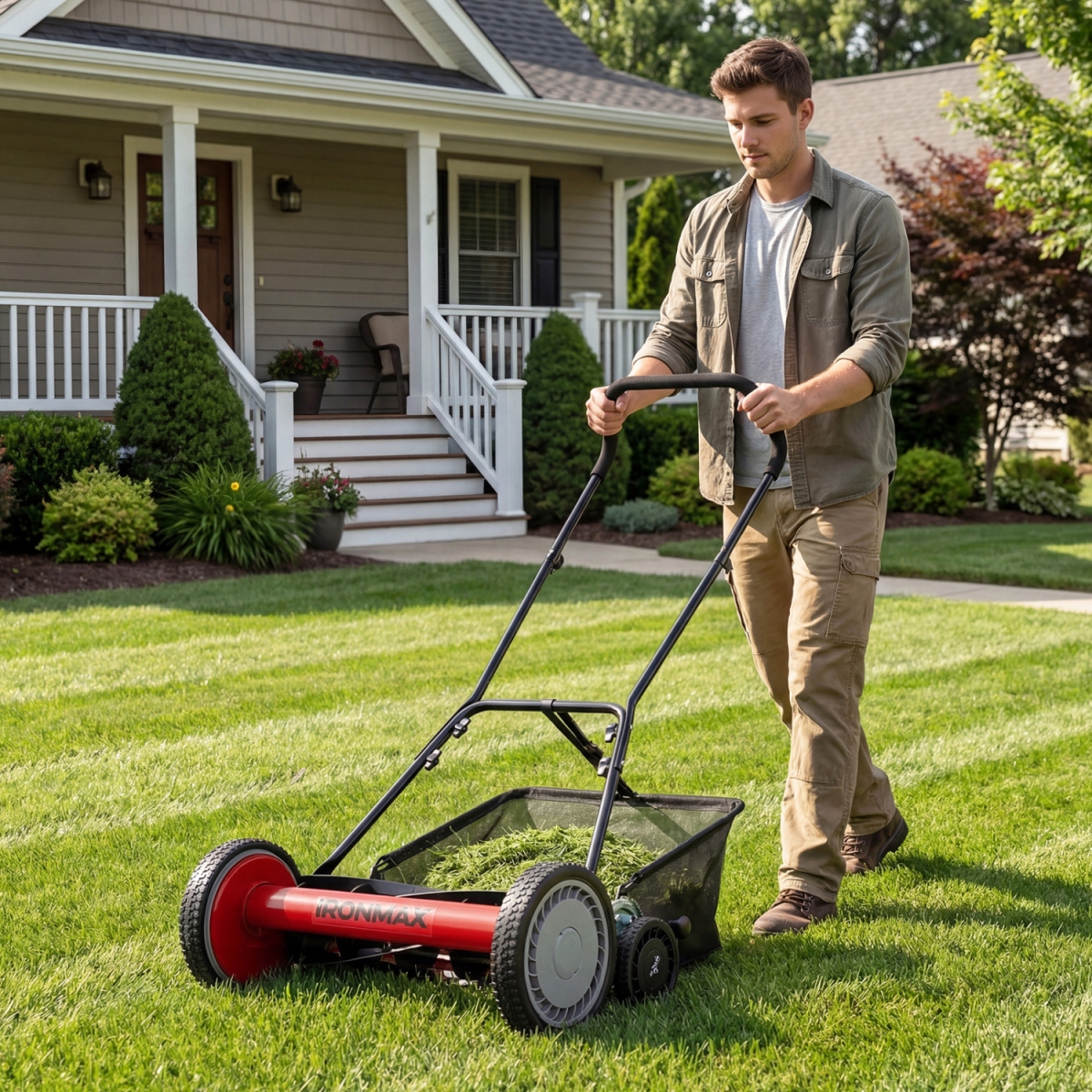 GT4730RE 18 in. Push Reel Lawn Mower 4-Position Adjustable with Removable Grass Catcher - Red