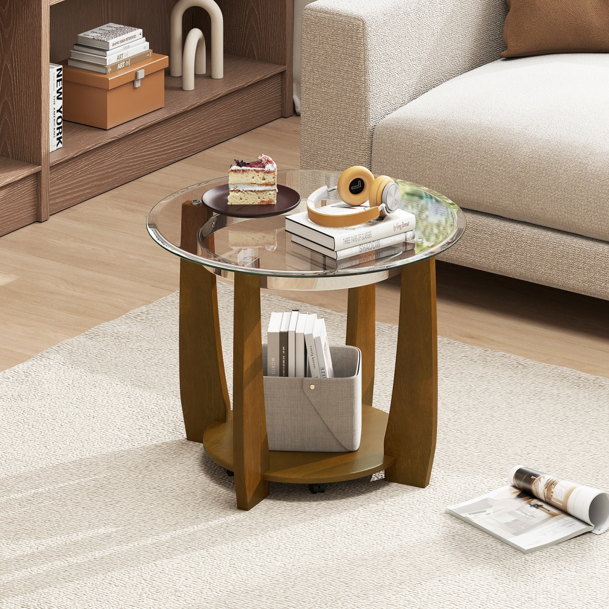 HV10868WT 32 in. 2-Tier Glass Round Coffee Table with Storage Shelf - Walnut