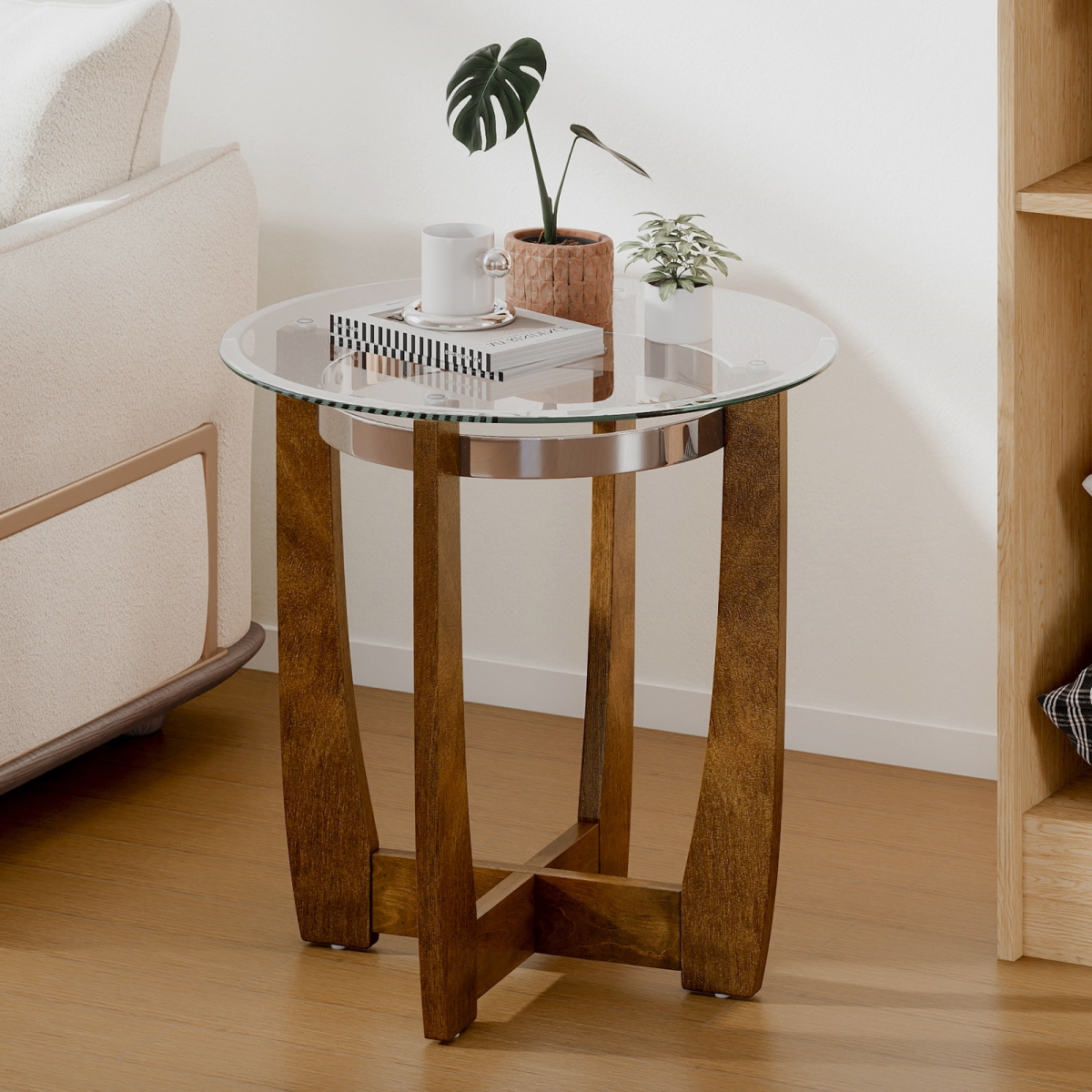 HV10869WT 24 in. Round Side Table with Tempered Glass Top & Solid Rubber Wood Base - Walnut