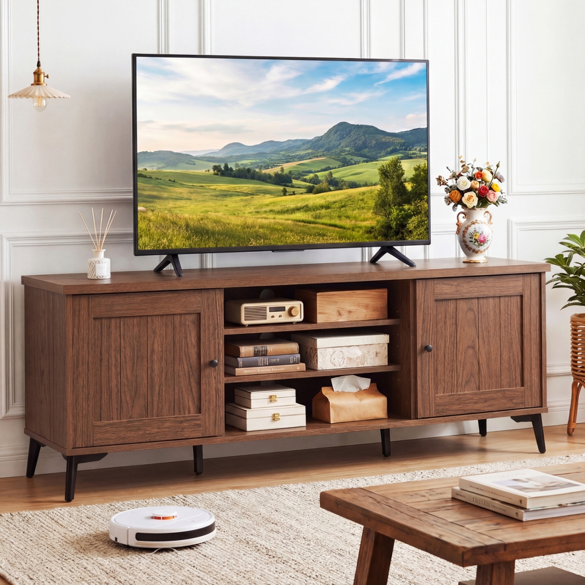 HV11018ZS 2-Door TV Stand for TVs Up to 65 in. Mid Century Modern Entertainment Center - Brown