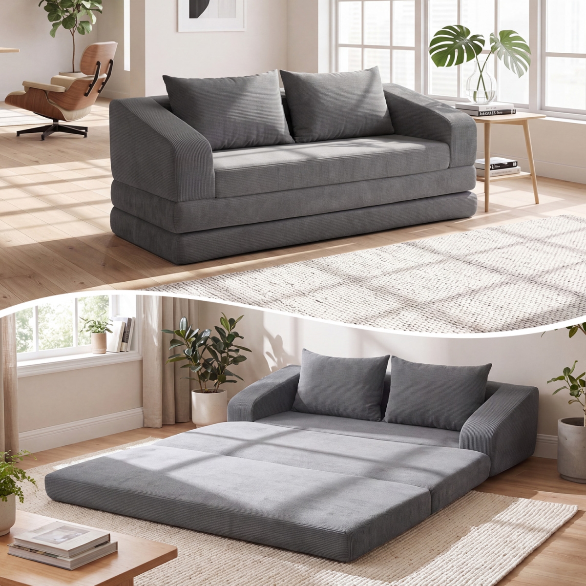 HV11105GR Corduroy Loveseat Sleeper Sofa with 2 Back Cushions for Living Room Bedroom Apartment - Gray